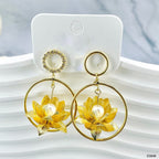 Lotus Flower 18K Gold CZ Pearl Anti Tarnish Dangler Earring Bulk