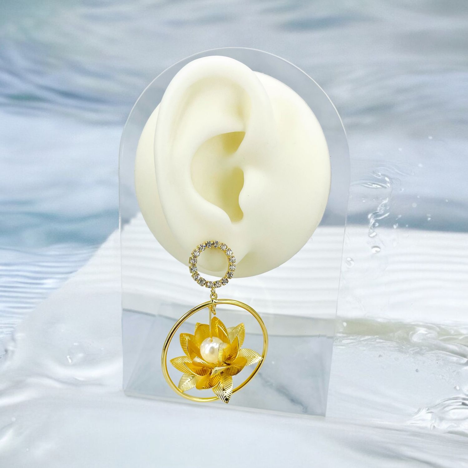 Lotus Flower 18K Gold CZ Pearl Anti Tarnish Dangler Earring Bulk Secondary image