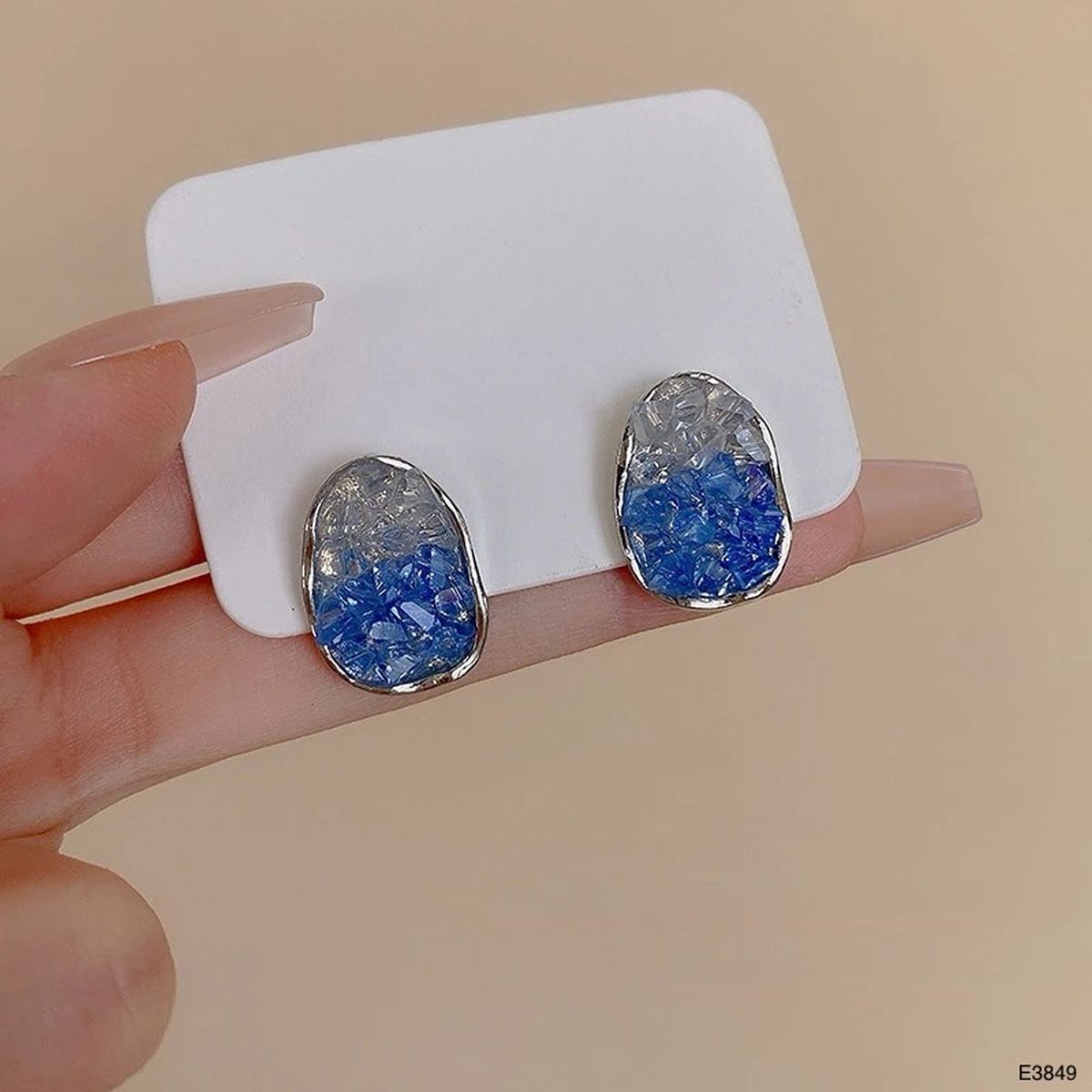 Oval Blue Silver Cubic Zirconia Crystal Anti Tarnish Stud Earring Bulk Main image