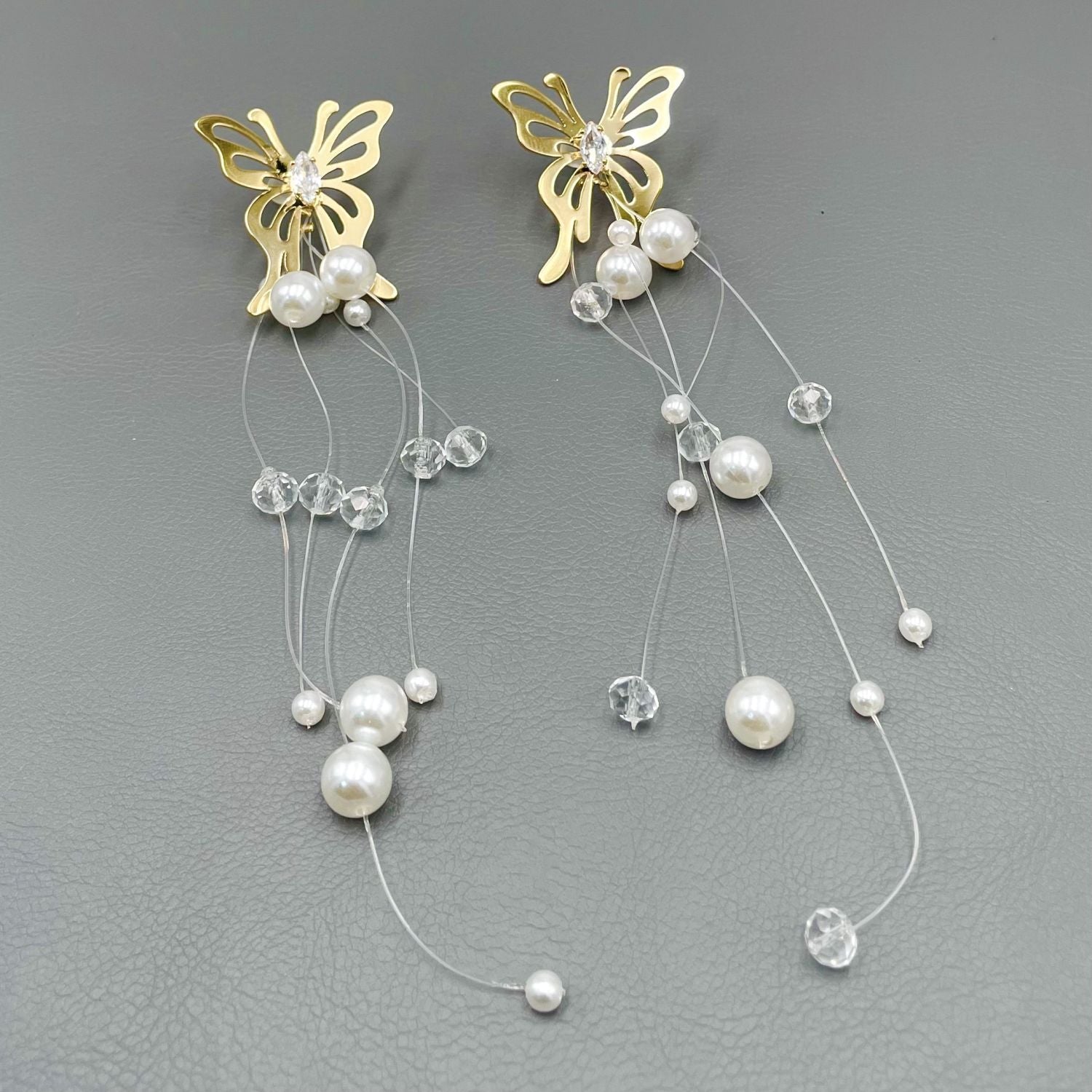 Butterfly White Gold Pearl CZ Anti Tarnish Tassel Dangler Earring Bulk Secondary image