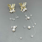 Butterfly White Gold Pearl CZ Anti Tarnish Tassel Dangler Earring Bulk