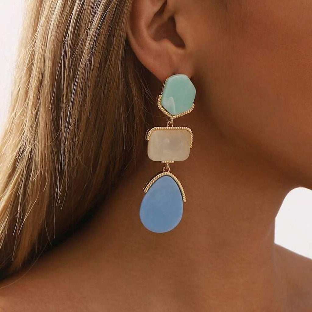 Green Grey Blue Drop 18K Gold Acrylic Anti Tarnish Dangler Drop Earring For Women