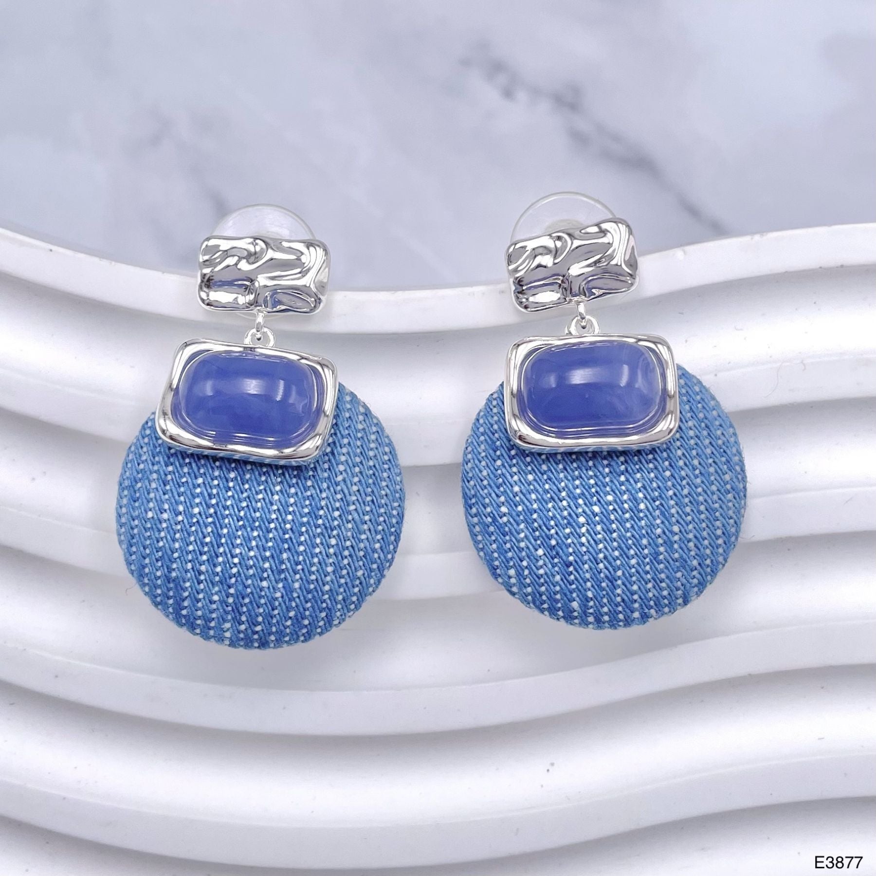 Round Rectangle Blue Silver Anti Tarnish Dangler Earring Women Bulk