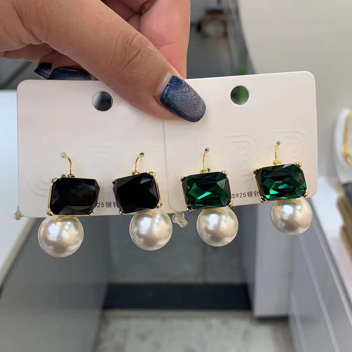 Emerald Rectangle Crystal Pearl Green White 18K Gold Anti Tarnish Dangler Drop Earring For Women Main image