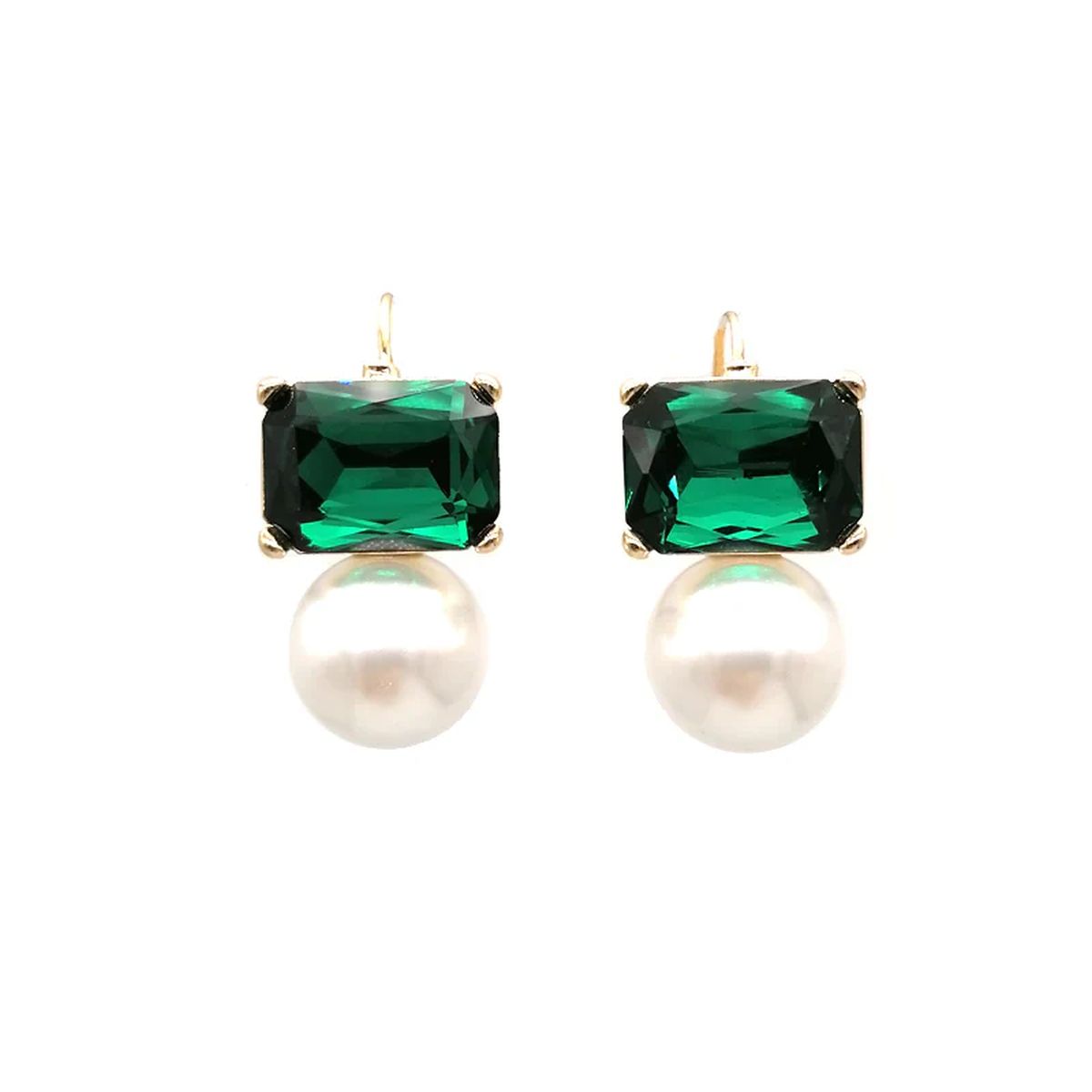 Emerald Rectangle Crystal Pearl Green White 18K Gold Anti Tarnish Dangler Drop Earring For Women
