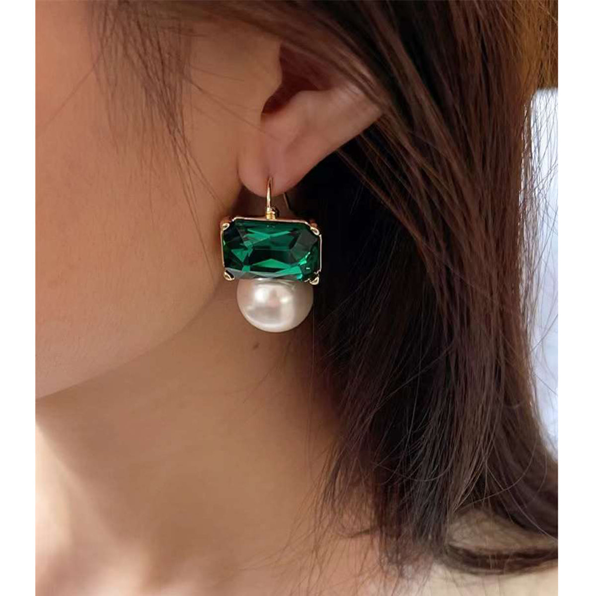 Emerald Rectangle Crystal Pearl Green White 18K Gold Anti Tarnish Dangler Drop Earring For Women Secondary image