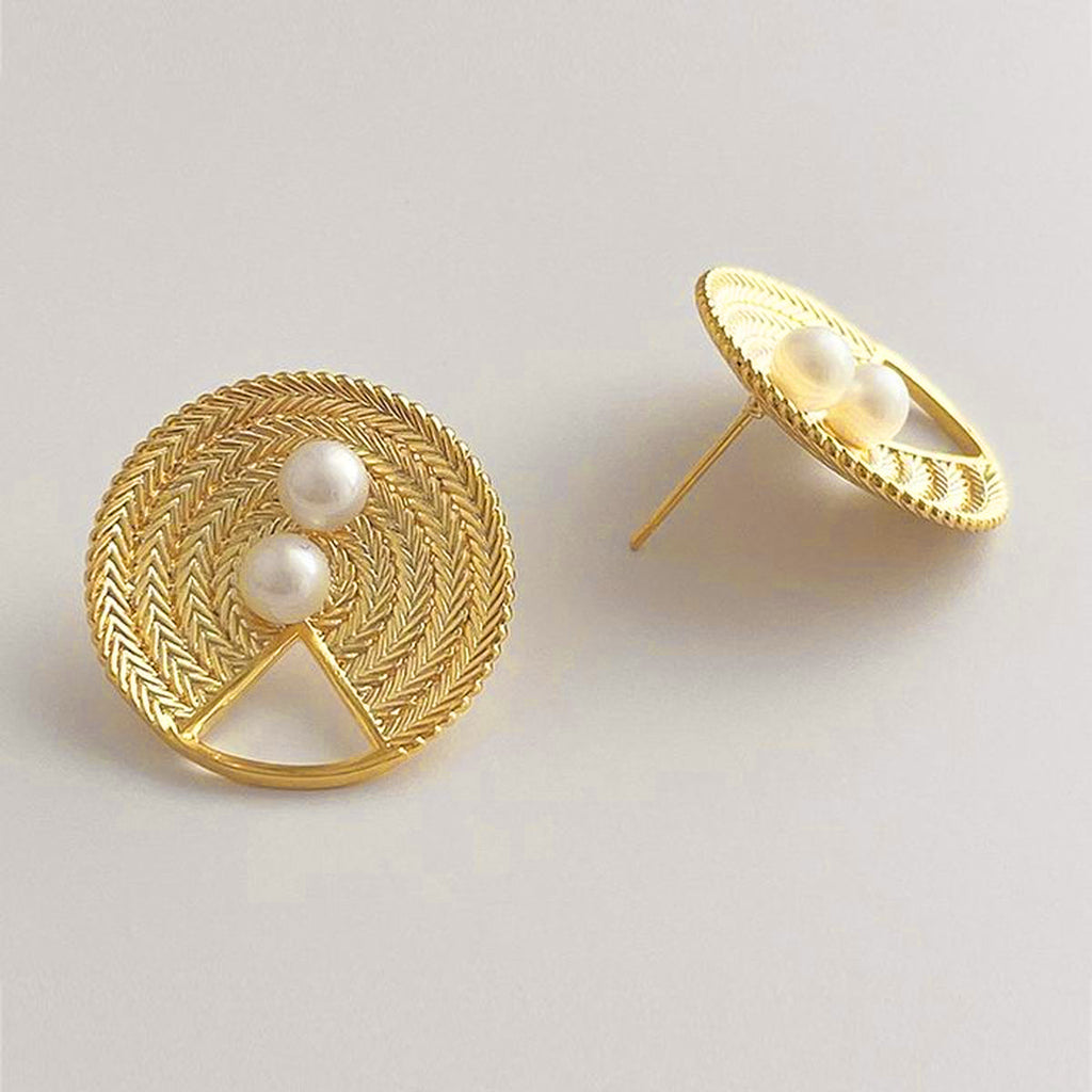 Woven Basket Pearl White 18K Gold Anti Tarnish Stud Earring Women Bulk