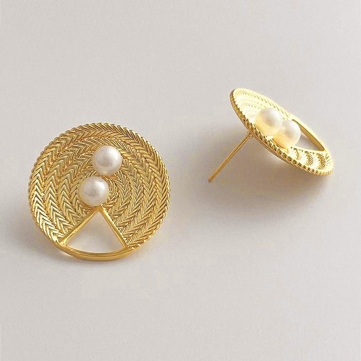 Woven Basket Pearl White 18K Gold Anti Tarnish Stud Earring Women Bulk