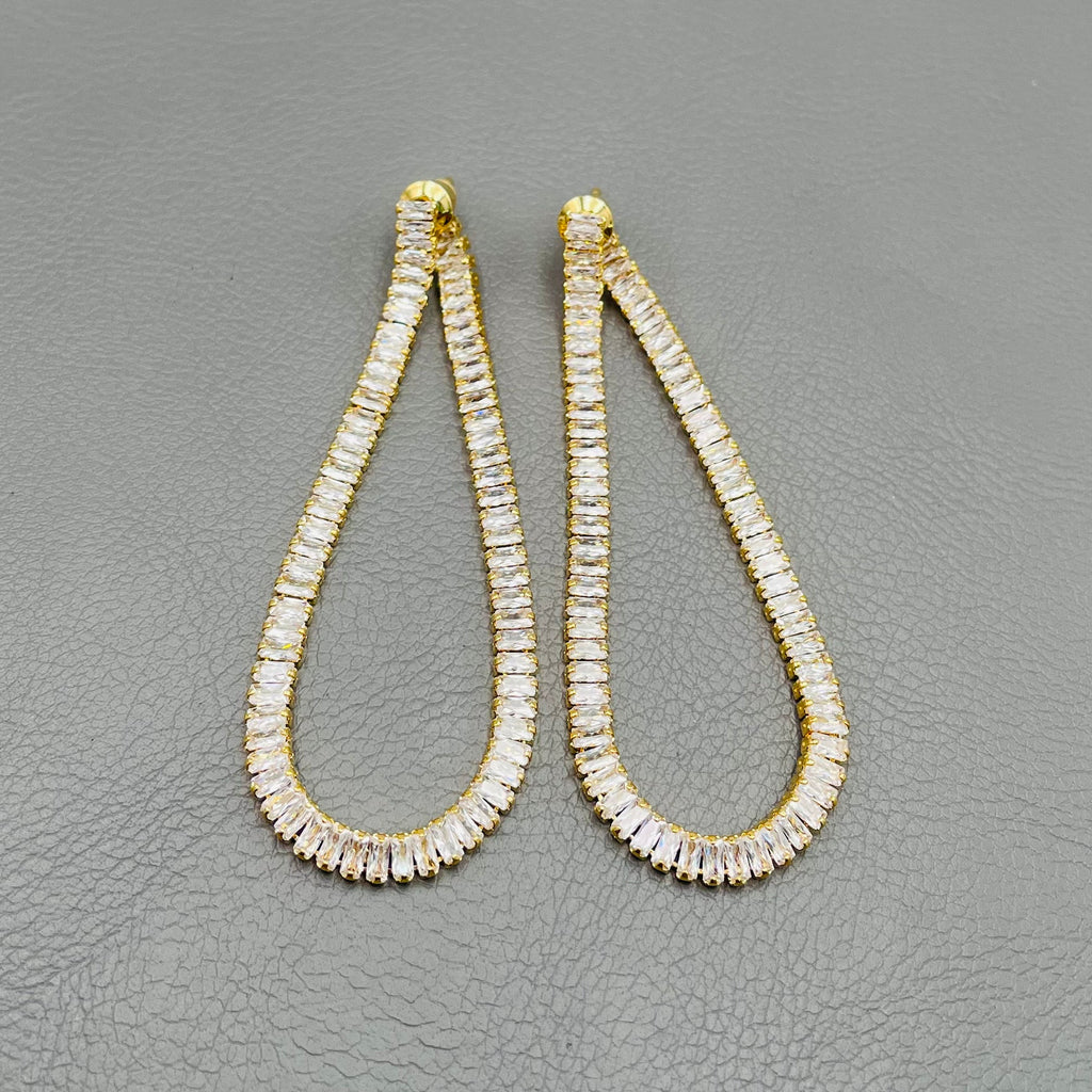 Baguette Cut Chain Gold CZ Anti Tarnish Dangler Tassel Earring Bulk