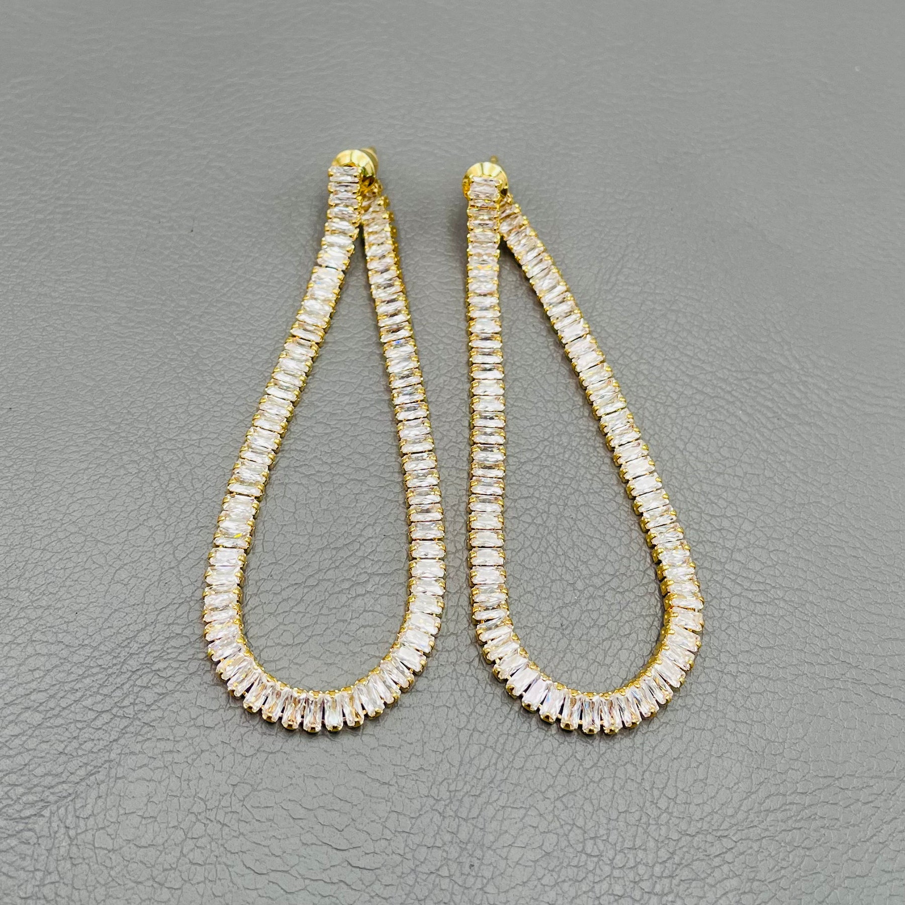 Baguette Cut Chain Gold CZ Anti Tarnish Dangler Tassel Earring Bulk