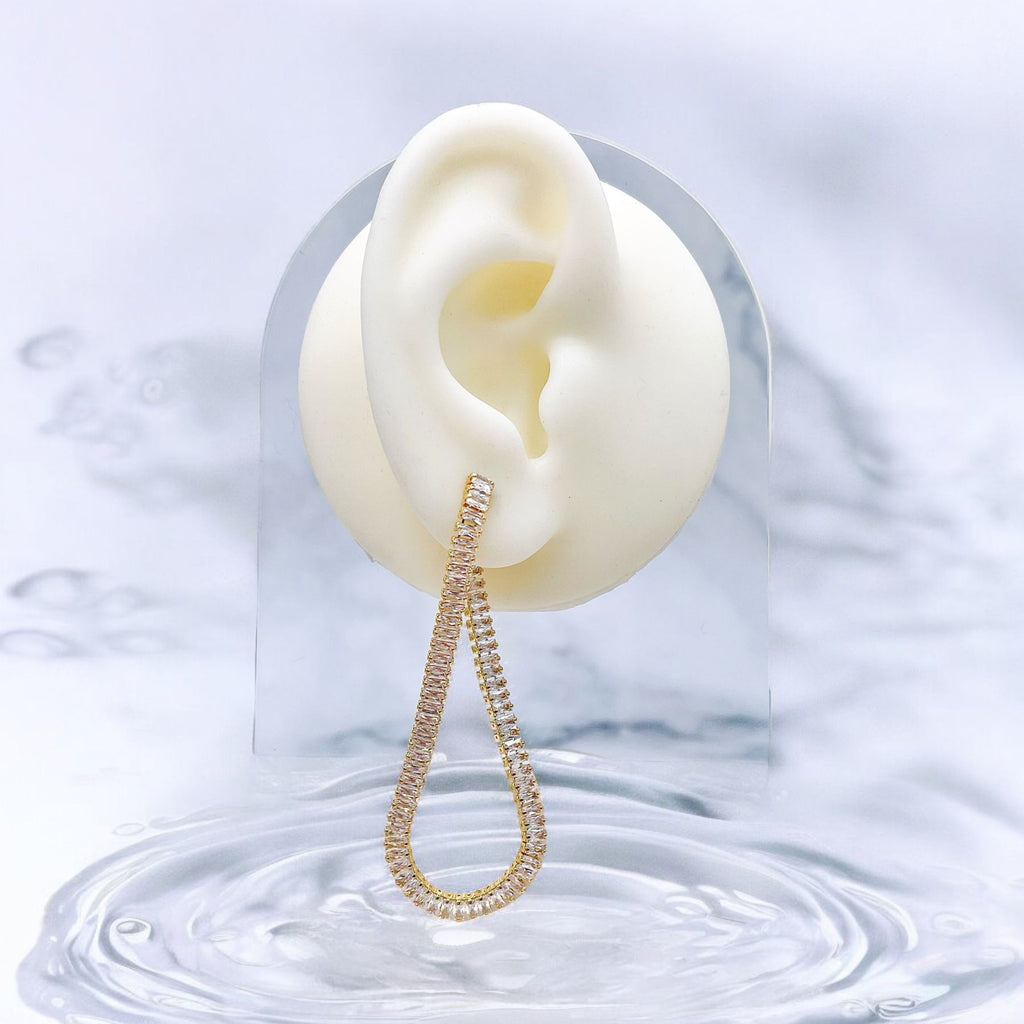 Baguette Cut Chain Gold CZ Anti Tarnish Dangler Tassel Earring Bulk