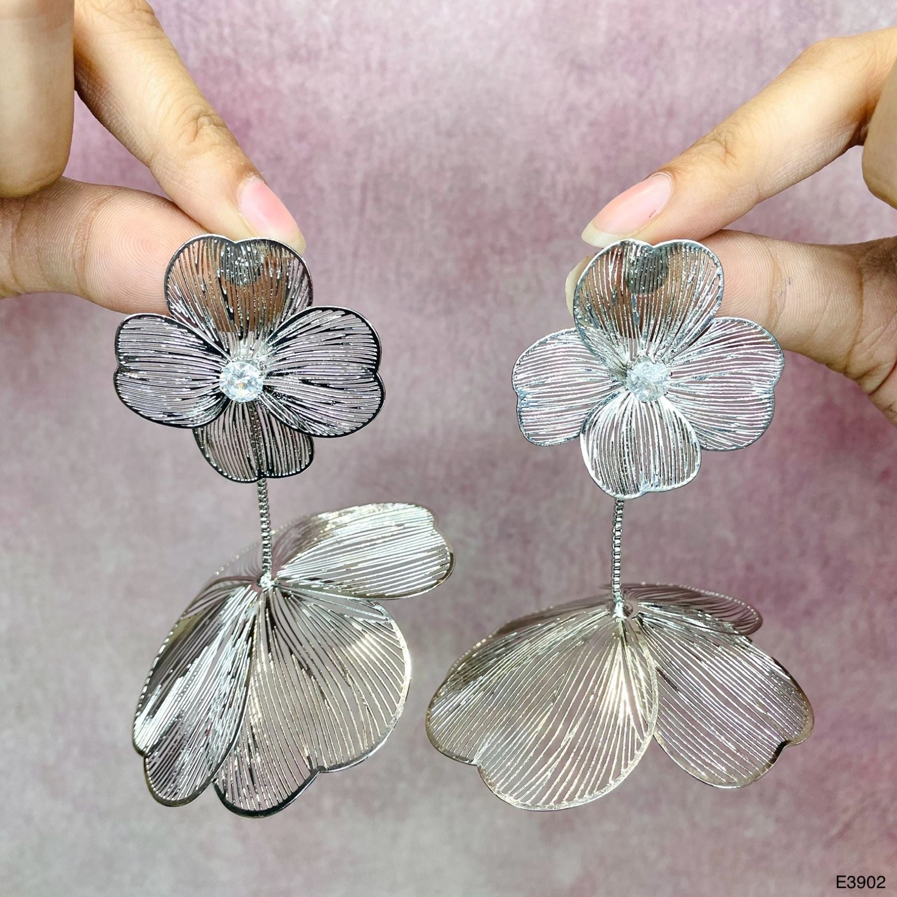 Flower Filigree CZ Silver Anti Tarnish Tassel Dangler Earring Bulk Main image