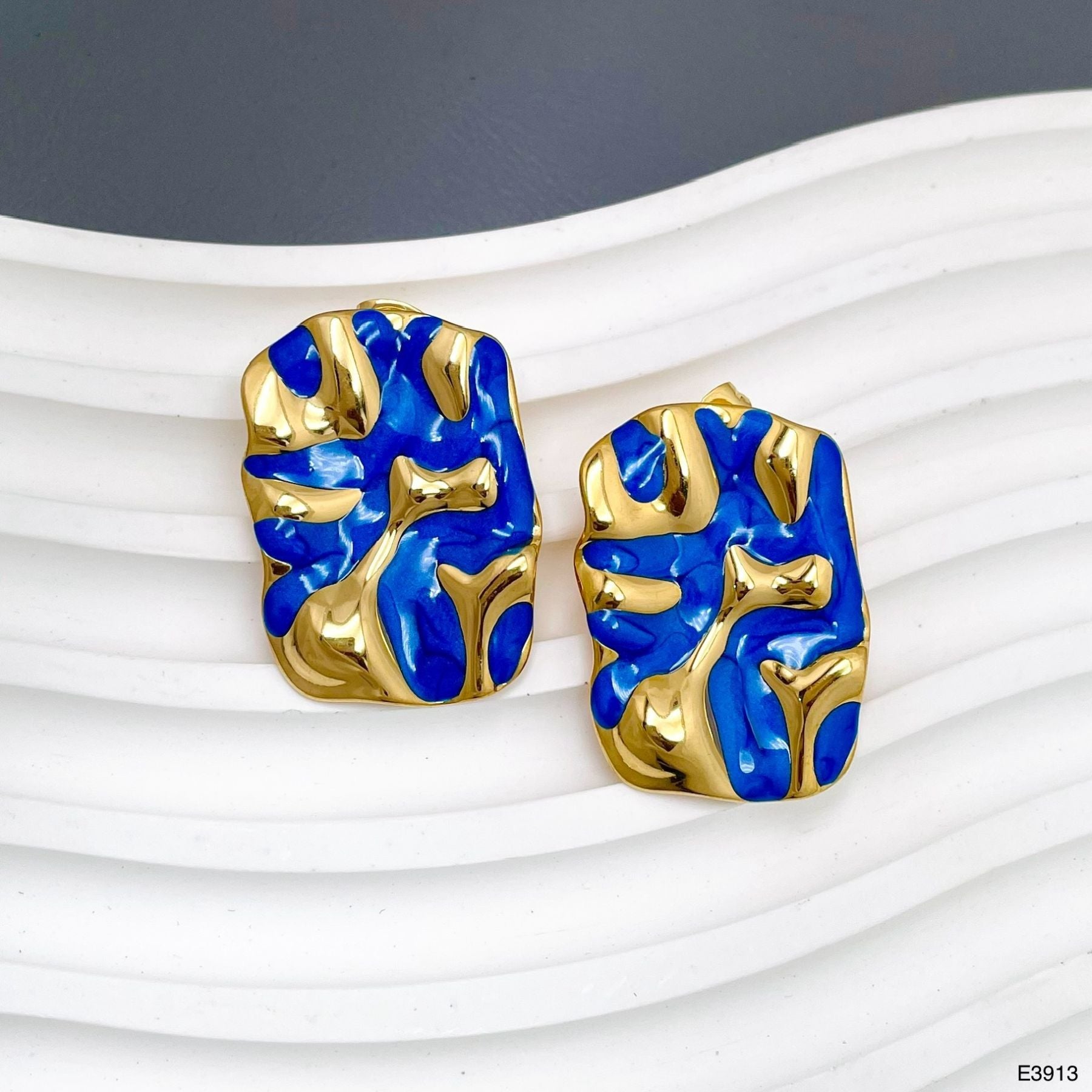 Oval Blue Gold Enamel Anti Tarnish Stud Stainless Steel Earring Bulk Main image