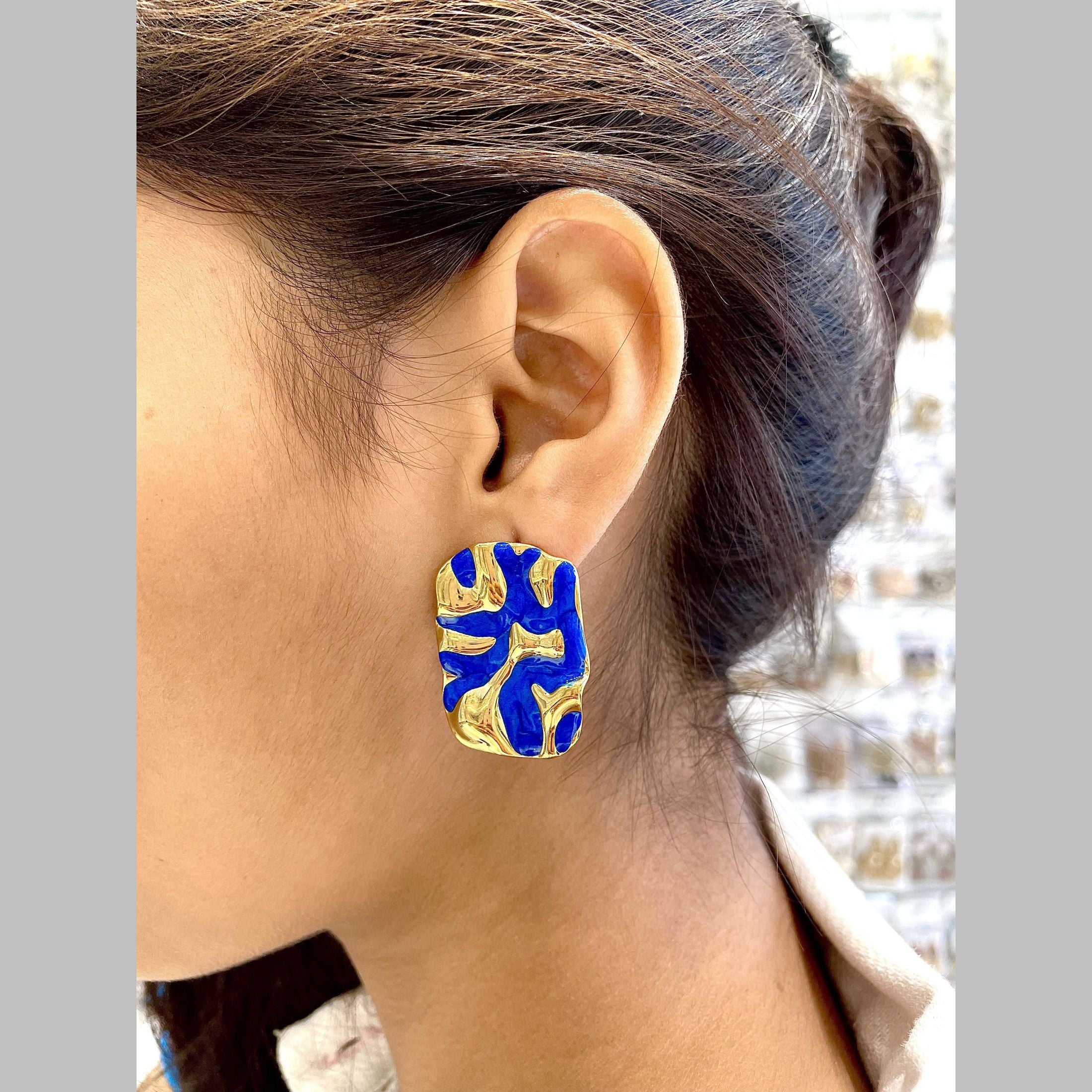 Oval Blue Gold Enamel Anti Tarnish Stud Stainless Steel Earring Bulk