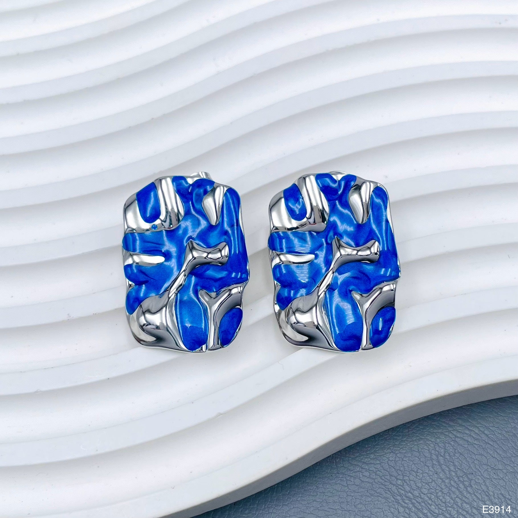 Oval Blue Gold Enamel Anti Tarnish Stud Stainless Steel Earring Bulk
