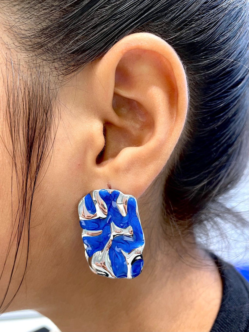 Oval Blue Gold Enamel Anti Tarnish Stud Stainless Steel Earring Bulk