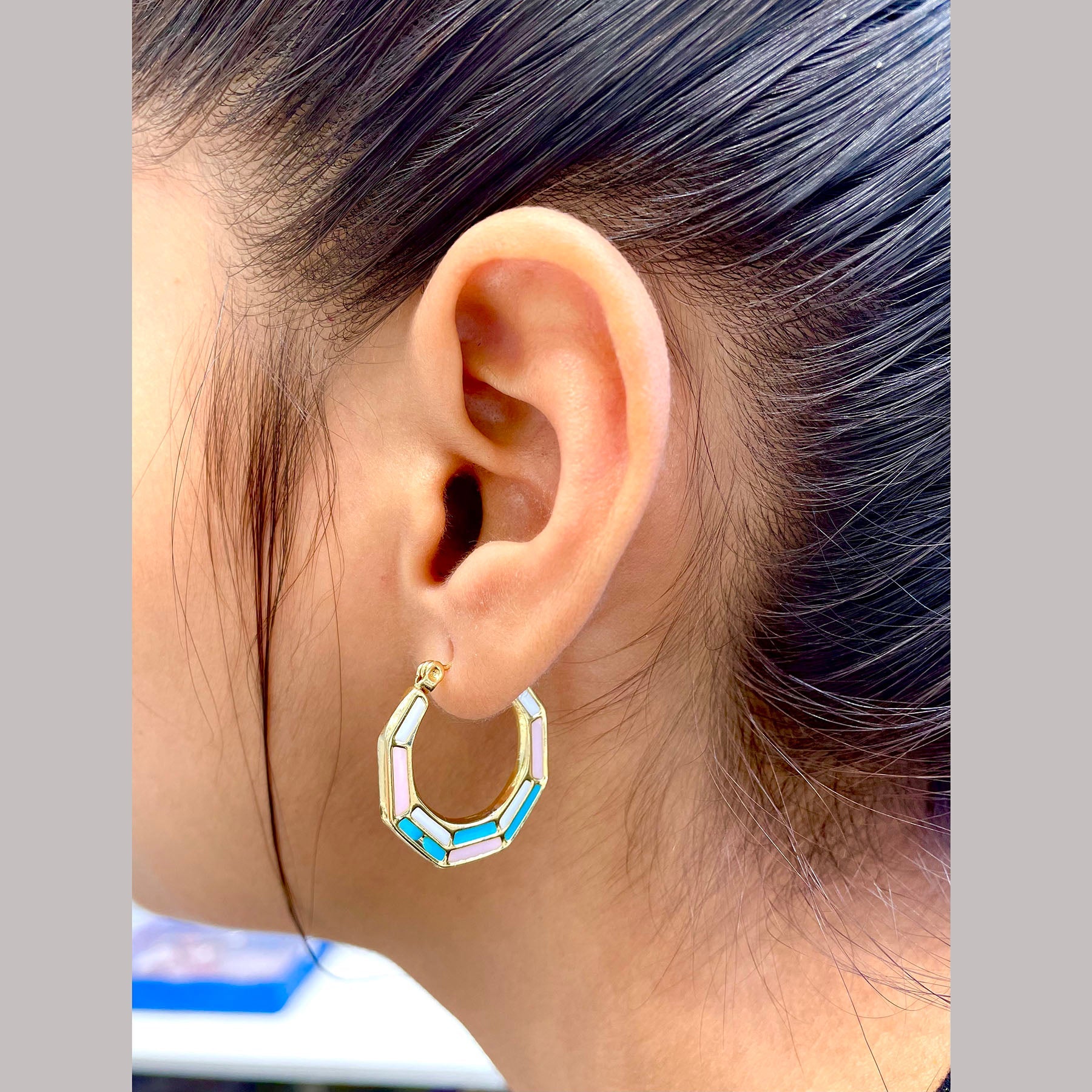 Hexagon Green Gold Stainless Steel Anti Tarnish Hoop Earring Bulk