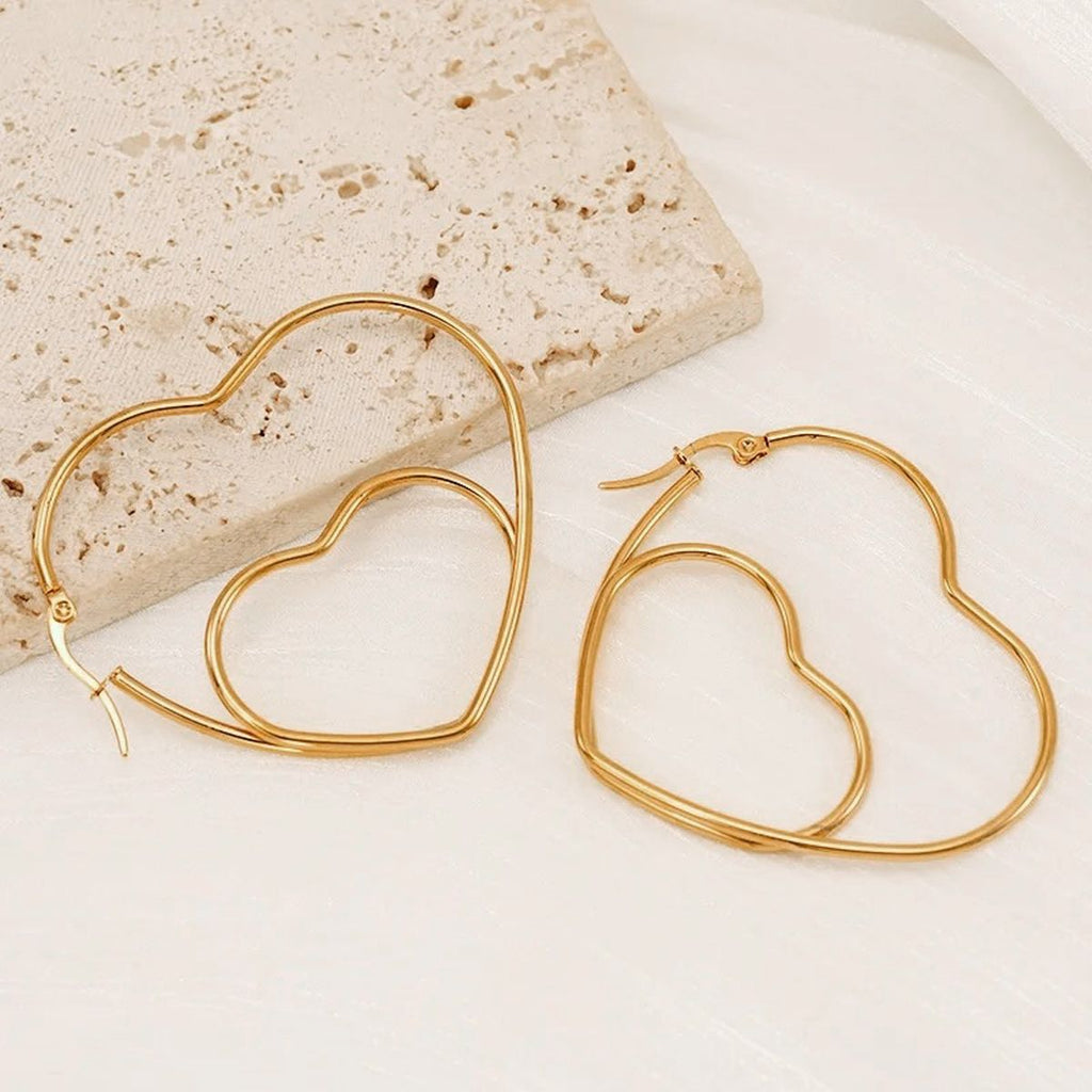 Big Dual Heart 18K Gold Anti Tarnish Hoop Earring For Women Bulk