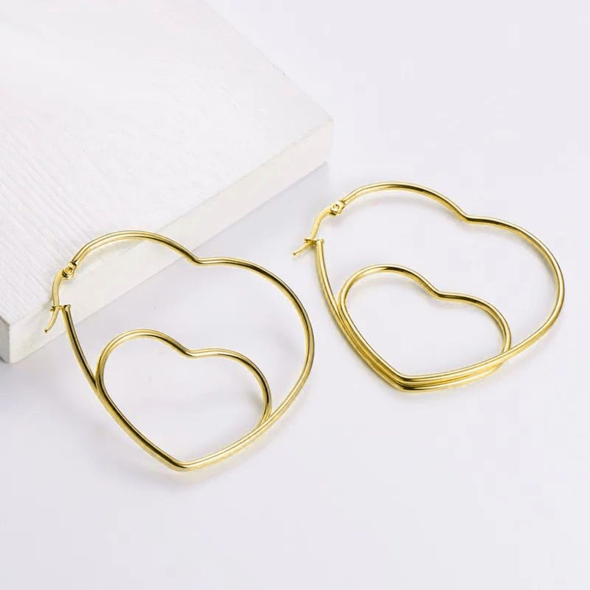 Big Dual Heart 18K Gold Anti Tarnish Hoop Earring For Women Bulk