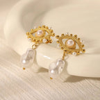Evil Eye White 18K Gold Pearl Anti Tarnish Dangler Drop Earring Bulk
