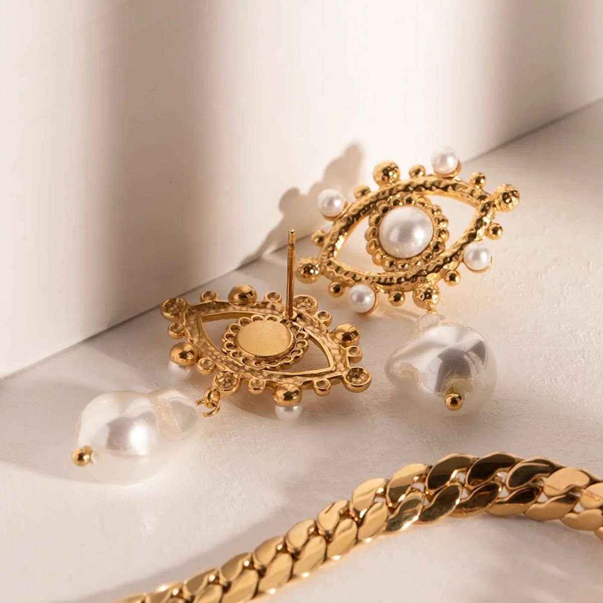 Evil Eye White 18K Gold Pearl Anti Tarnish Dangler Drop Earring Bulk