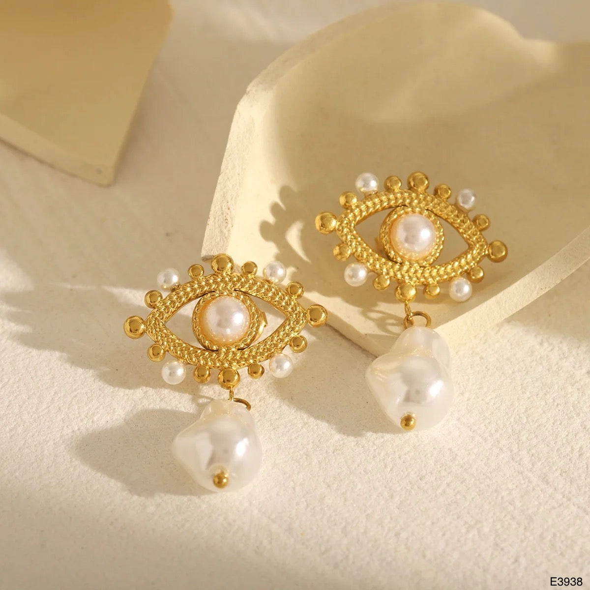 Evil Eye White 18K Gold Pearl Anti Tarnish Dangler Drop Earring Bulk