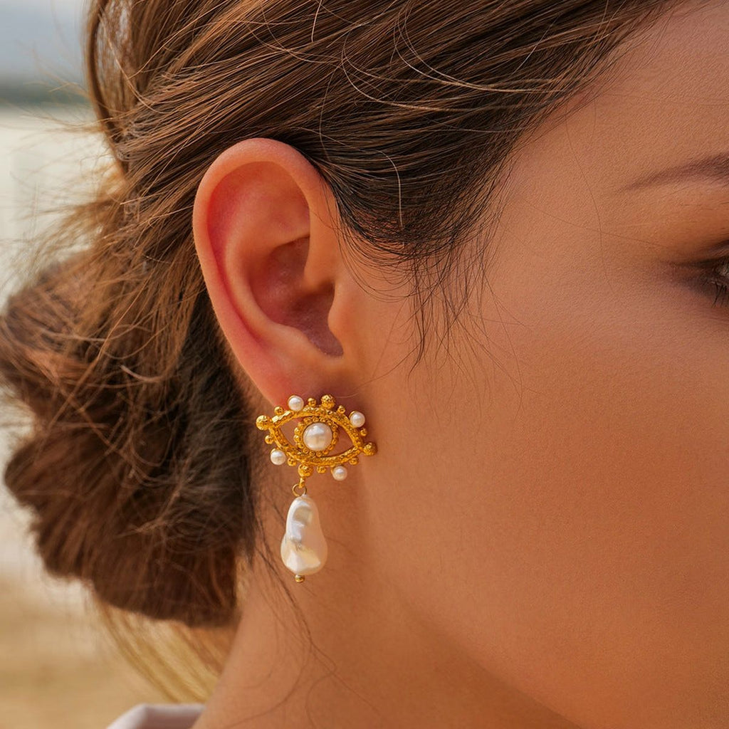 Evil Eye White 18K Gold Pearl Anti Tarnish Dangler Drop Earring Bulk