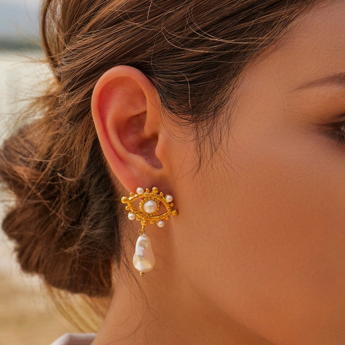 Evil Eye White 18K Gold Pearl Anti Tarnish Dangler Drop Earring Bulk
