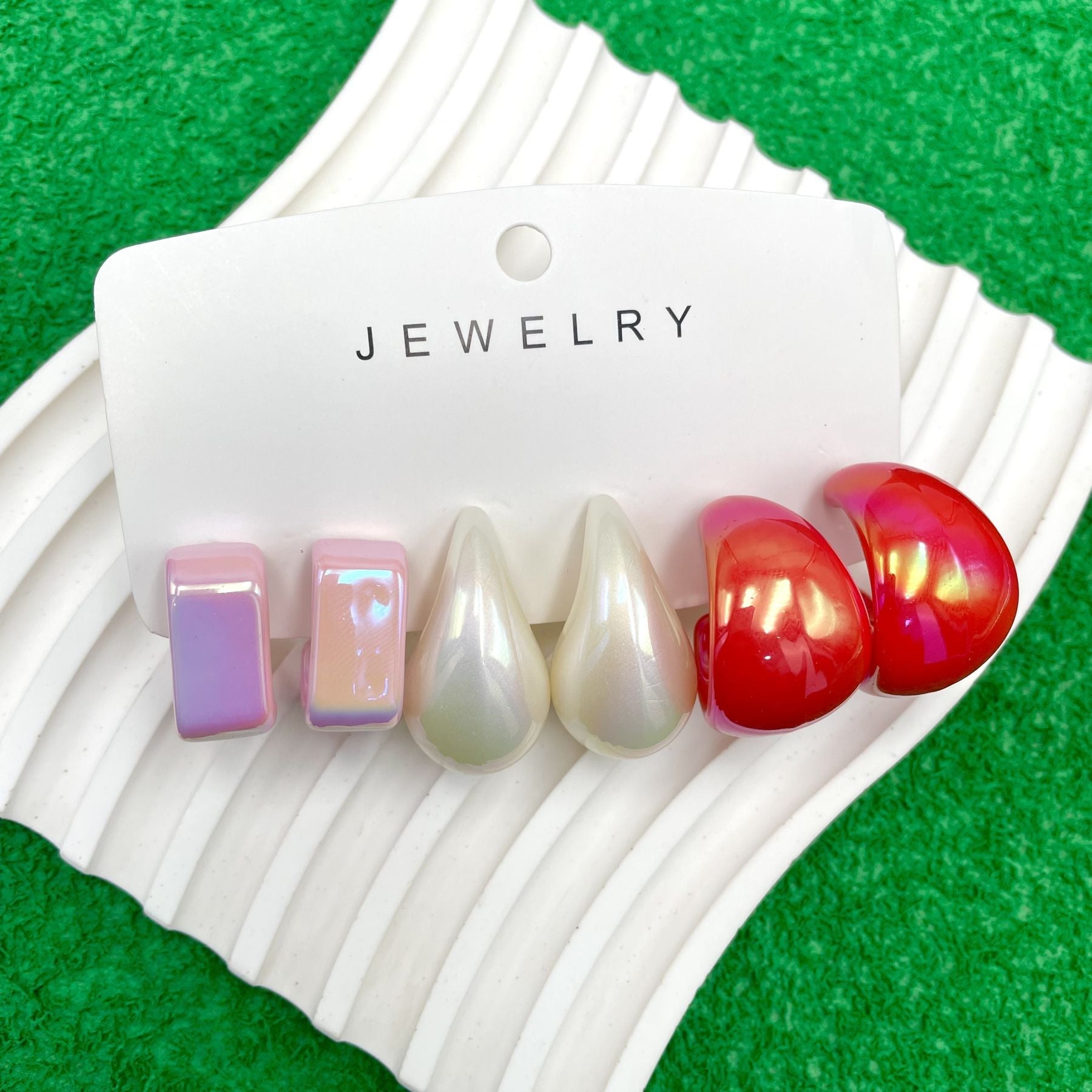 Rectangle Drop Red White Pink Acrylic Hoop Earring Pack Of 3 Bulk Main image