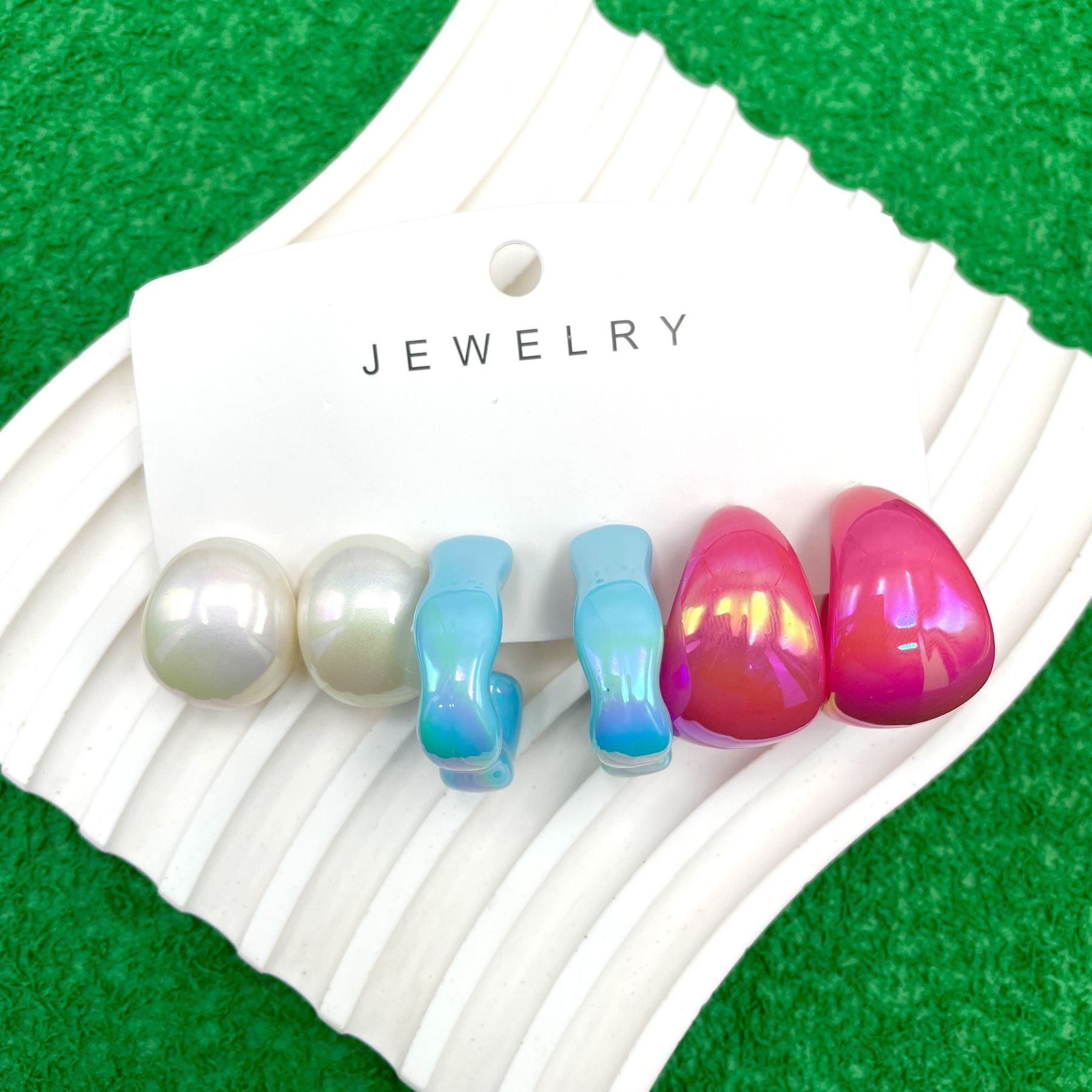 Round Drop Green White Pink Acrylic Hoop Earring Pack Of 3 Women Bulk Main image