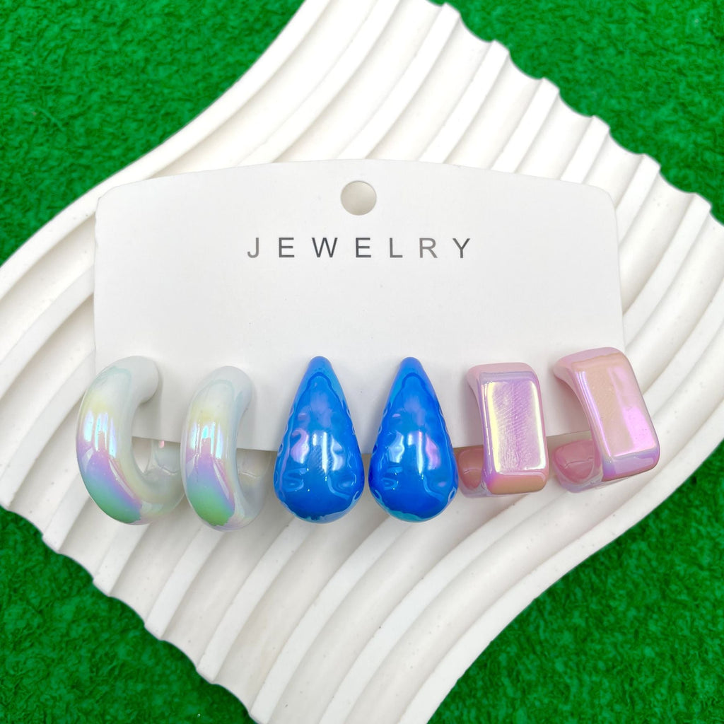 Rectangle Drop Blue Pink White Acrylic Hoop Earring Pack Of 3 Bulk