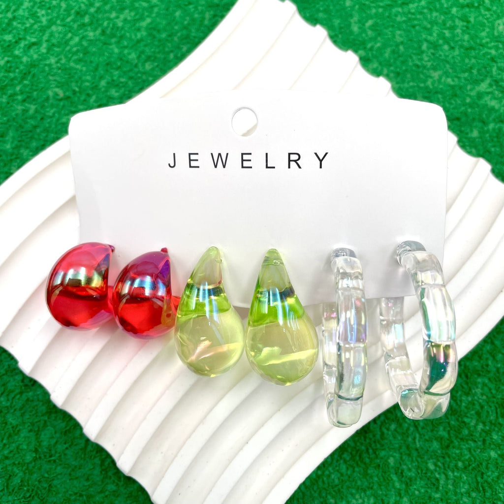 Transparent Drop Red White Yellow Acrylic Hoop Earring Pack Of 3 Bulk