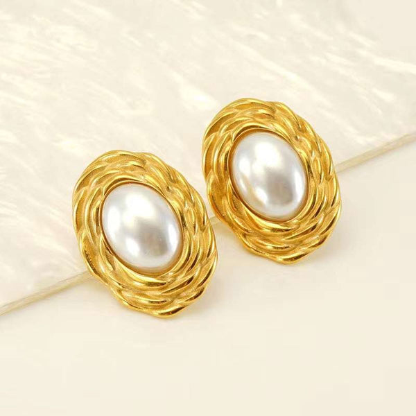 Oval Flower Pearl White 18K Gold Anti Tarnish Stud Earring Women Bulk Main image