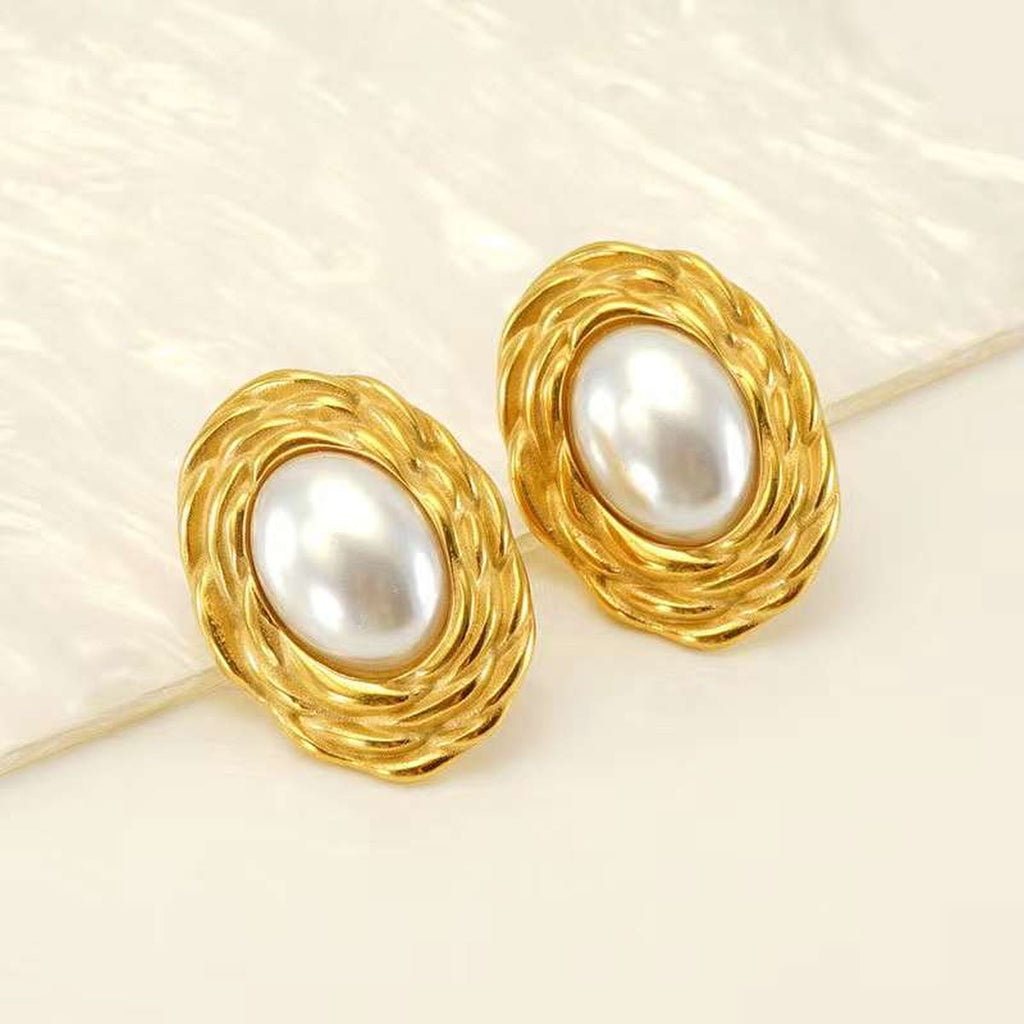 Oval Flower Pearl White 18K Gold Anti Tarnish Stud Earring Women Bulk