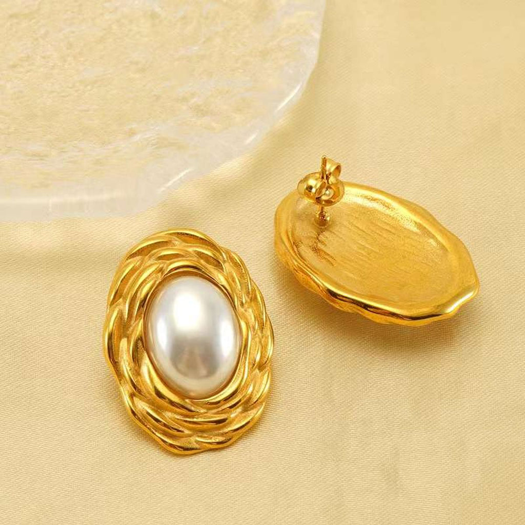 Oval Flower Pearl White 18K Gold Anti Tarnish Stud Earring Women Bulk