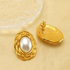 Oval Flower Pearl White 18K Gold Anti Tarnish Stud Earring Women Bulk