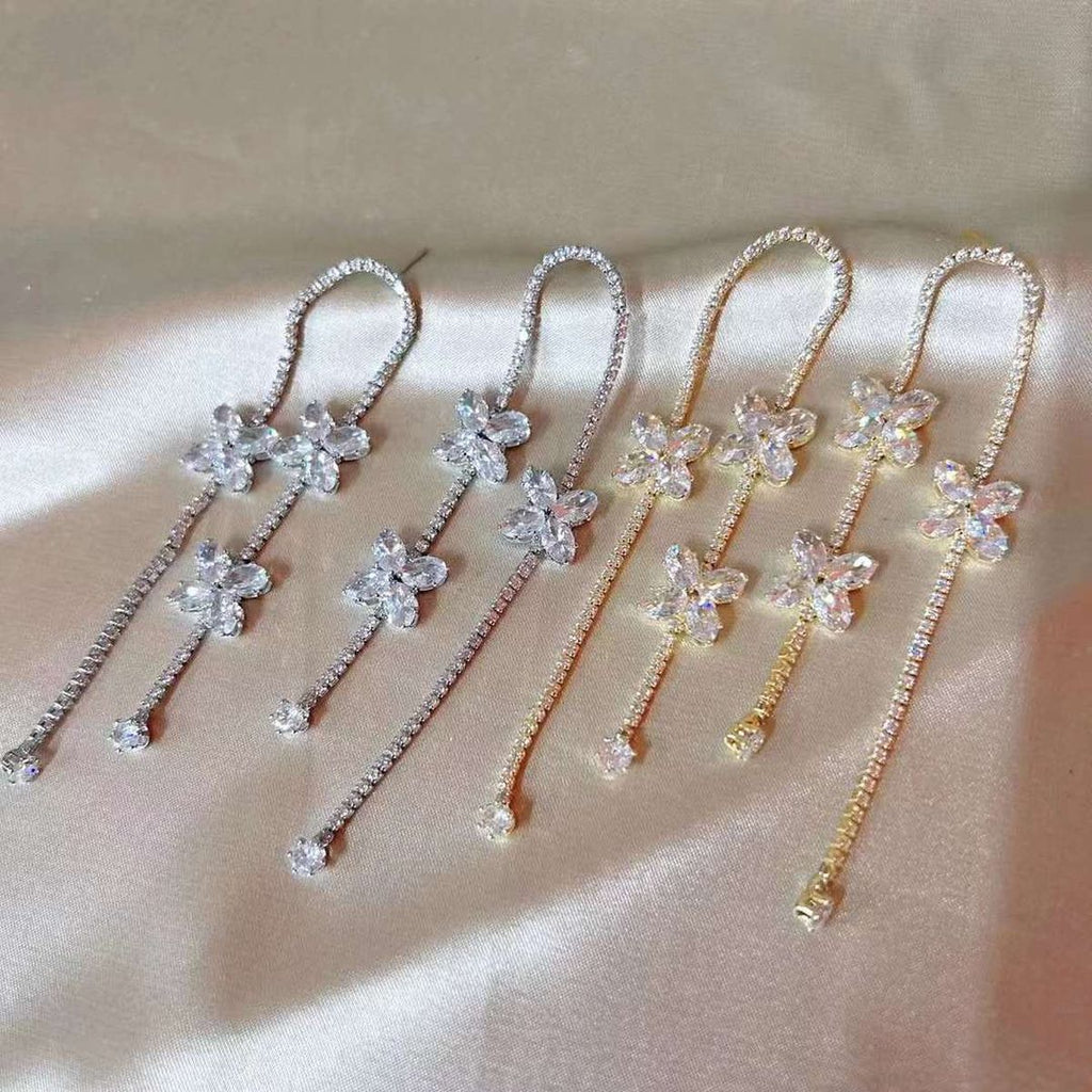Clover Flower 18K Gold CZ Anti Tarnish Tassel Dangler Earring Bulk