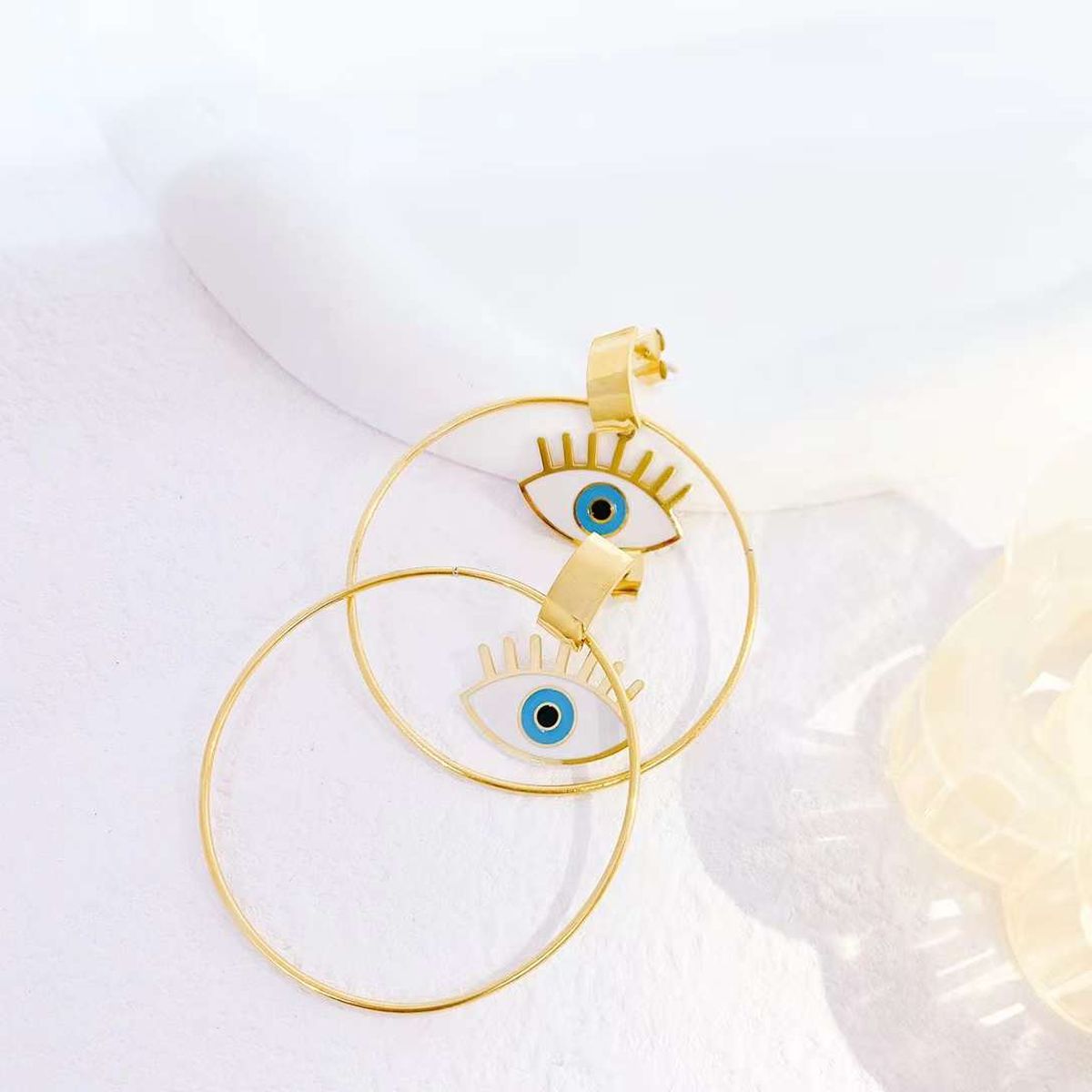 Round Evil Eye White 18K Gold Enamel Anti Tarnish Dangler Earring Bulk Main image