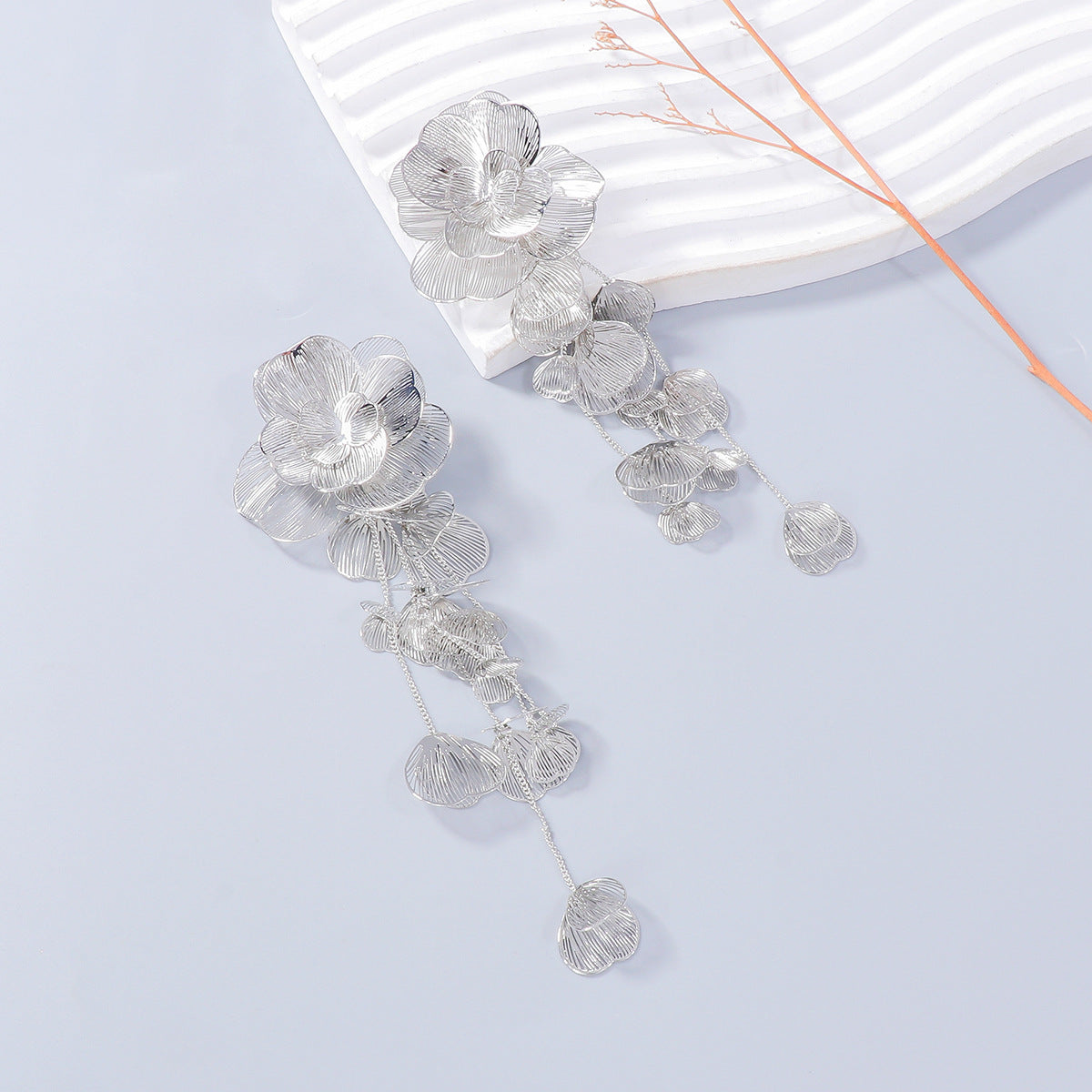 Filigree Flower Layer Silver Anti Tarnish Tassel Dangler Earring Bulk