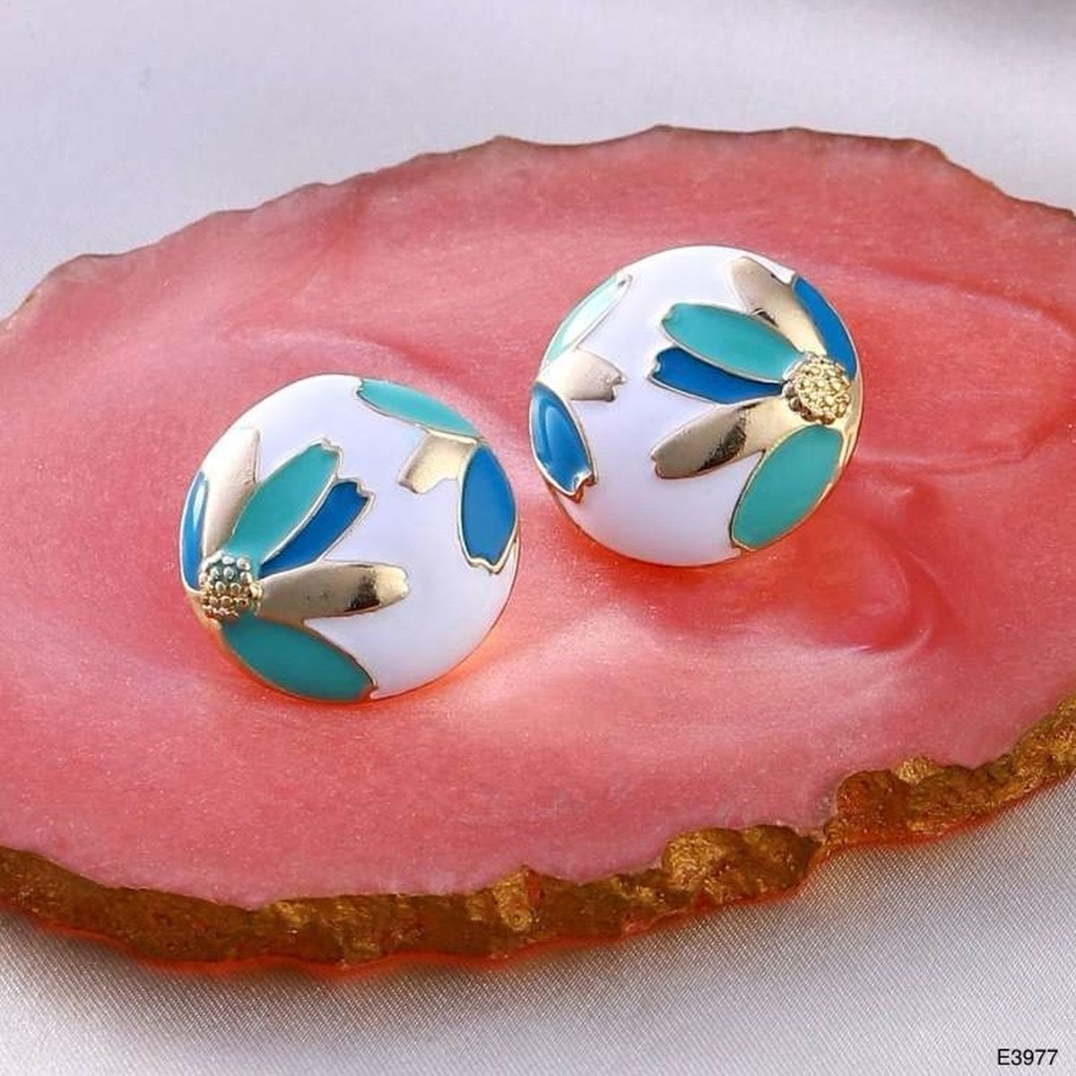 Flower Leaf Enamel White Multi Gold Anti Tarnish Stud Earring Bulk Main image