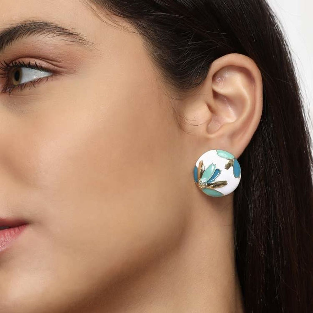 Flower Leaf Enamel White Multi Gold Anti Tarnish Stud Earring Bulk