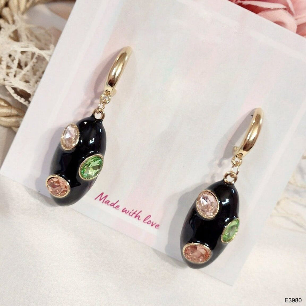 Oval Crystal Enamel White Gold Anti Tarnish Dangler Hoop Earring Bulk