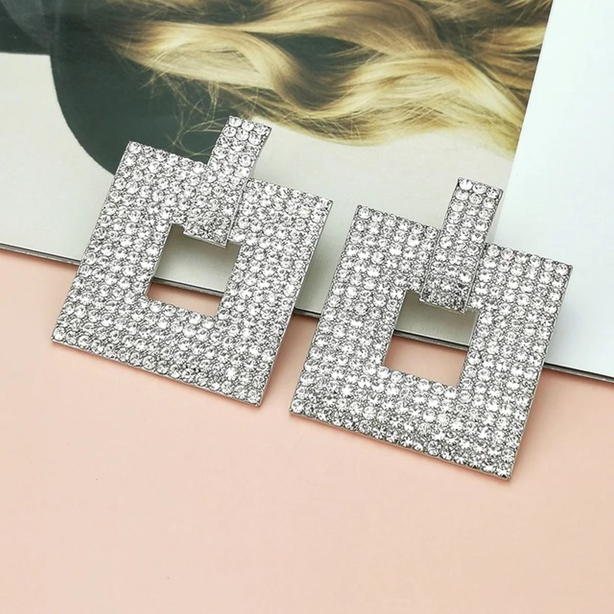 Square Rhinestone Silver Anti Tarnish Dangler Earring Bulk Main image