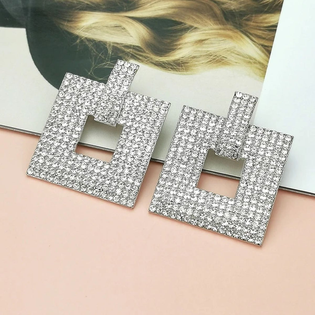 Square Rhinestone Silver Anti Tarnish Dangler Earring Bulk