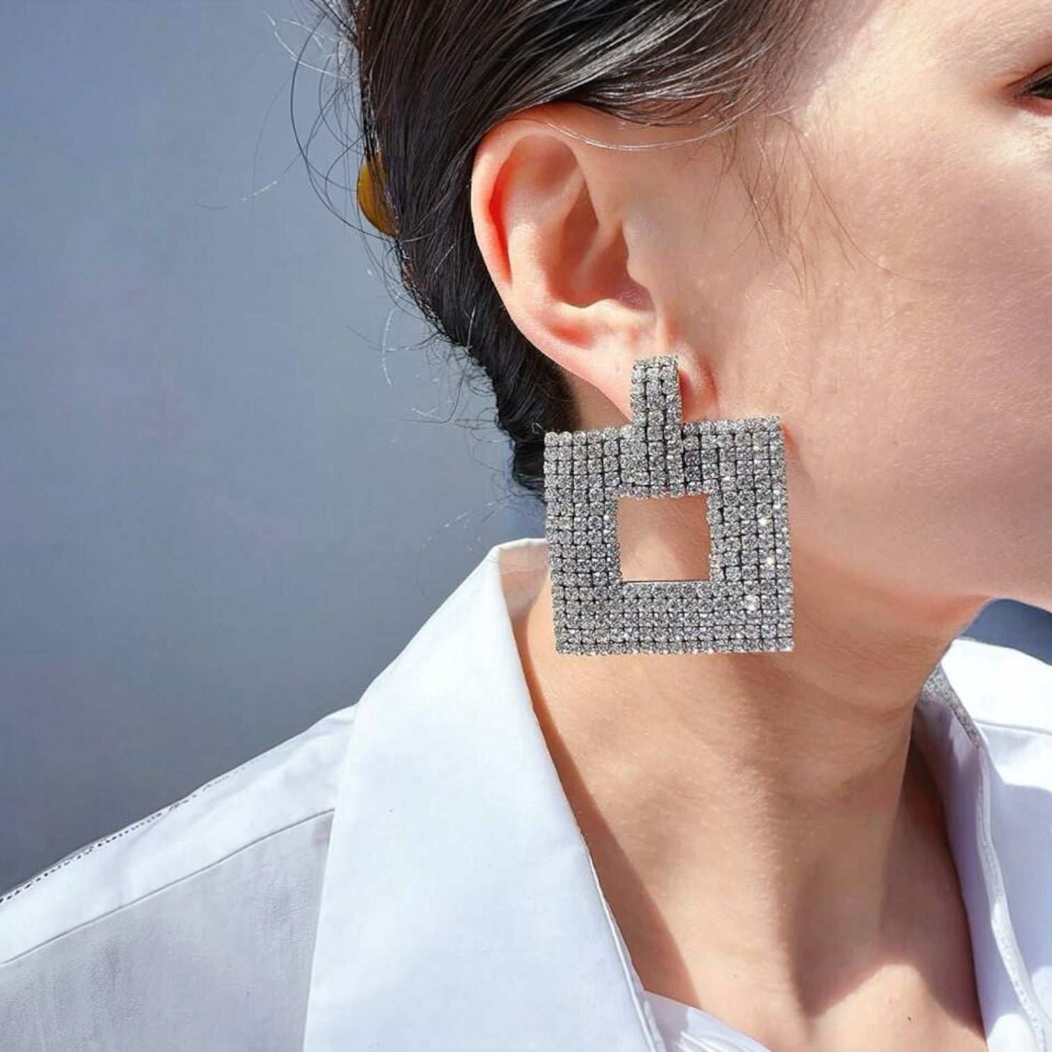 Square Rhinestone Silver Anti Tarnish Dangler Earring Bulk Secondary image