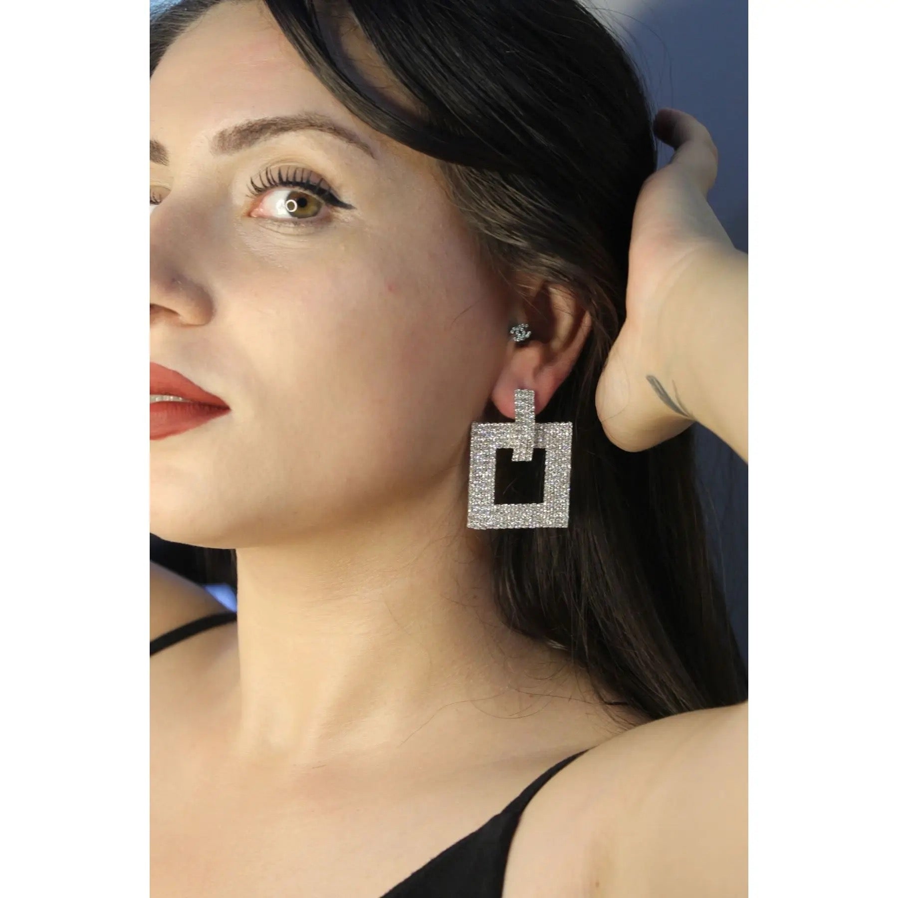 Square Rhinestone Silver Anti Tarnish Dangler Earring Bulk