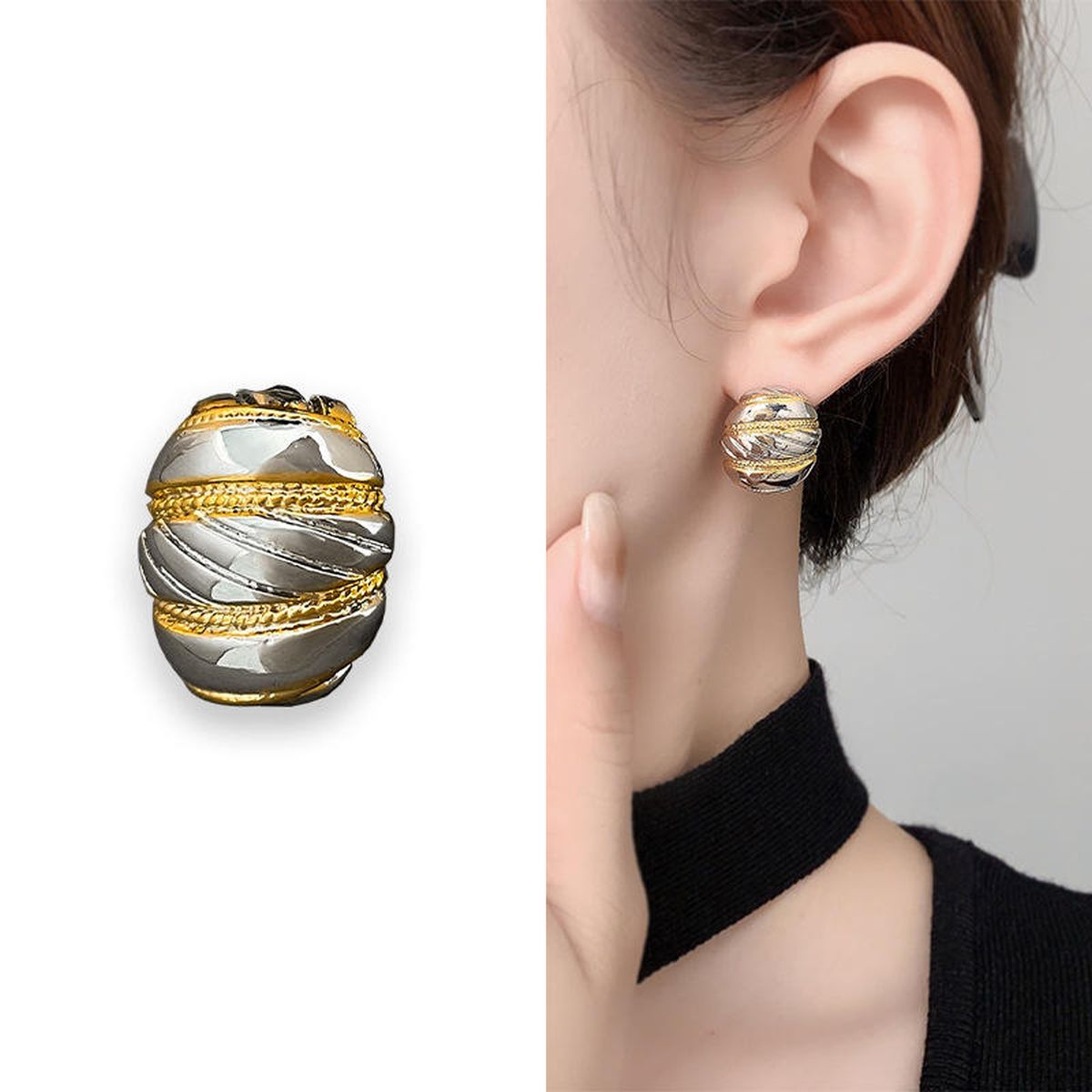 Stripes Oval Silver 18K Gold Anti Tarnish Stud Earring For Women Bulk