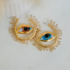 Evil Eye Sun Blue Brown Mismatch Color 18K Gold Cubic Zirconia Statement Hoop Earring For Women