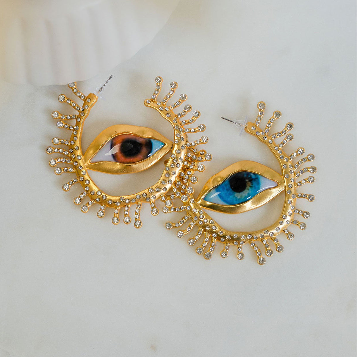 Evil Eye Sun Blue Brown Mismatch Color 18K Gold Cubic Zirconia Statement Hoop Earring For Women