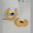 Evil Eye Sun Blue Brown Mismatch Color 18K Gold Cubic Zirconia Statement Hoop Earring For Women